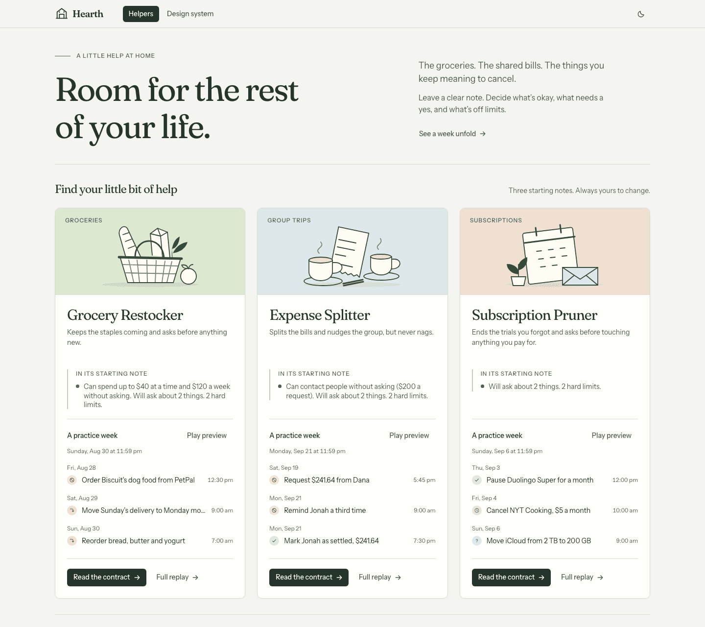 Hearth’s gallery of three illustrated helpers: Grocery Restocker, Expense Splitter, and Subscription Pruner.